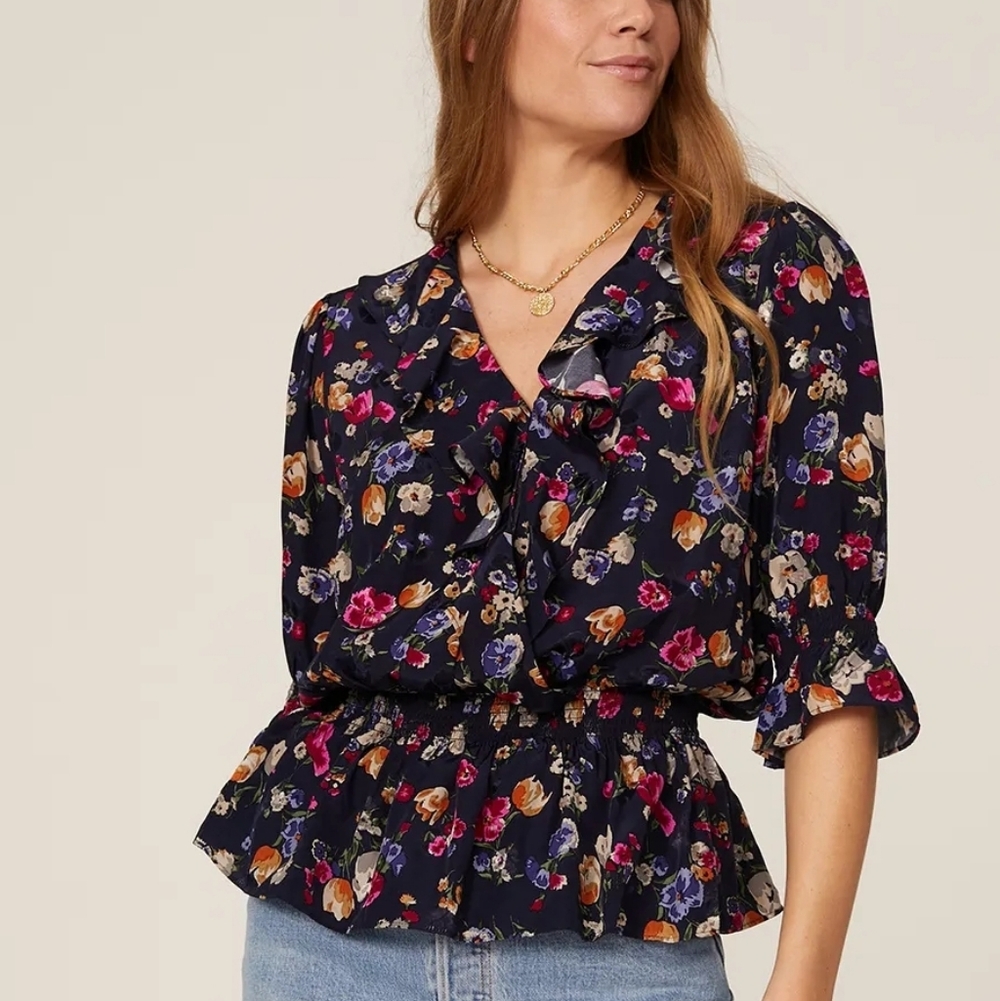 Lauren Ralph Lauren Navy Floral Ruffle Peplum Blouse